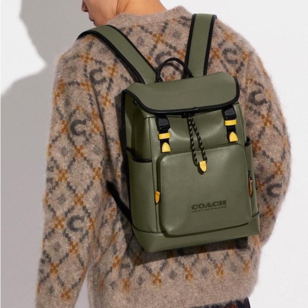 Coach League Flap Leather Backpack Colorblock Ji Army Green Multi NWT - Picture 2 of 6